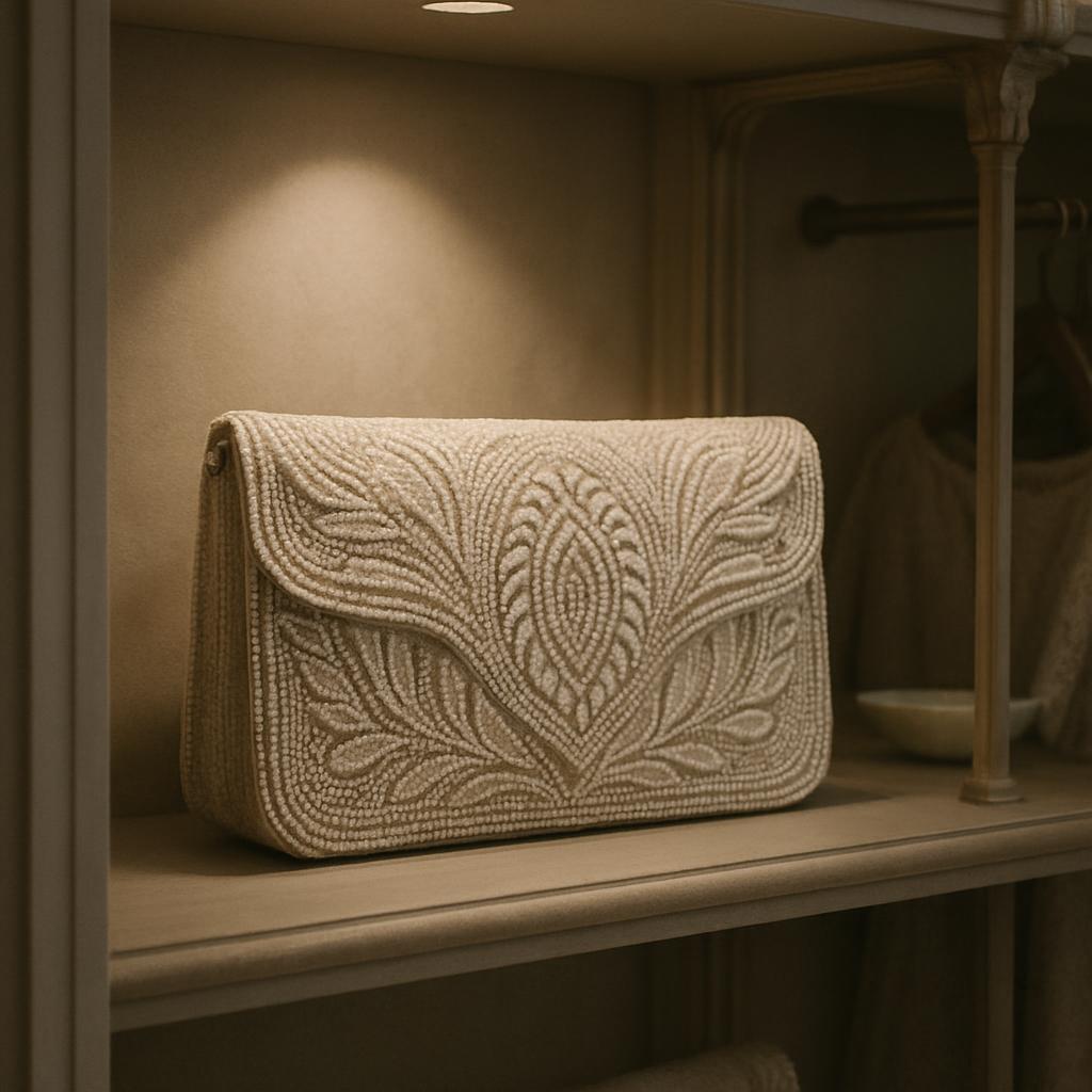 The image depicts a beige, beaded handbag situated on a shelf, likely designed for display within a store.