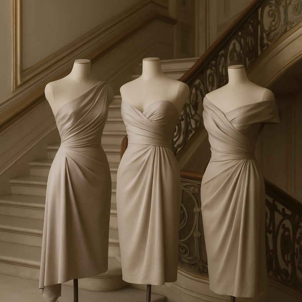 Three identical light-colored formal dresses displayed on white dress forms in front of a grand staircase..