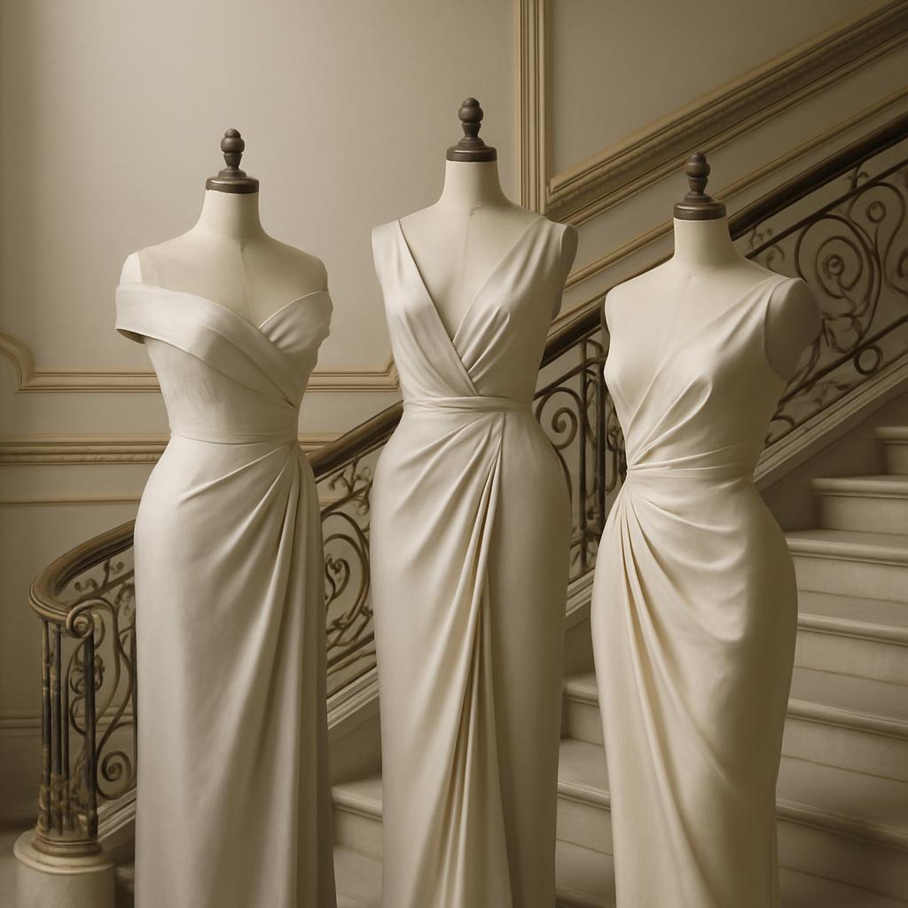 Three white formal gowns displayed on dress forms in a stairwell setting.