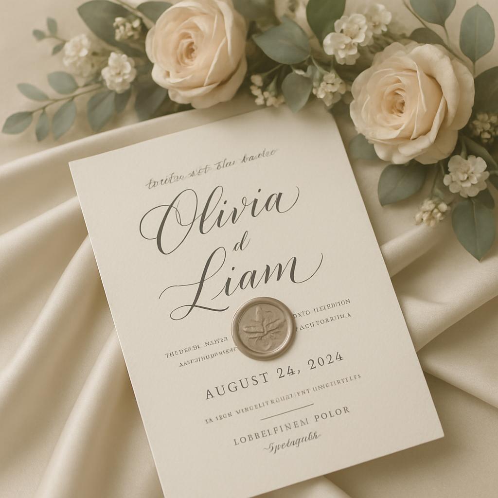 An invitation card with a wax seal, flowers, a clean and intricately rendered white card with black text in various font s...