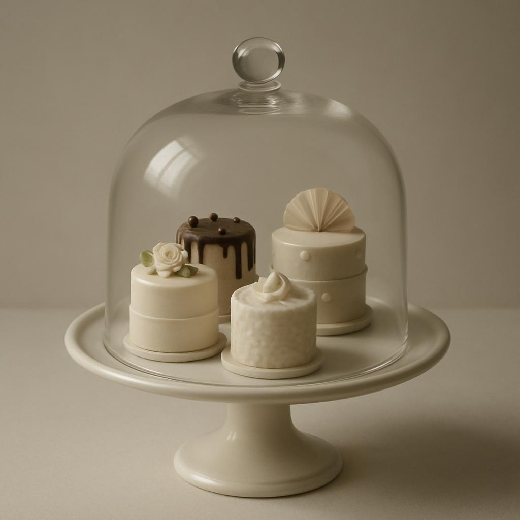 Small cakes one white one with a white frosting flower and leaves besides two plain white ones and a chocolate dripped one.